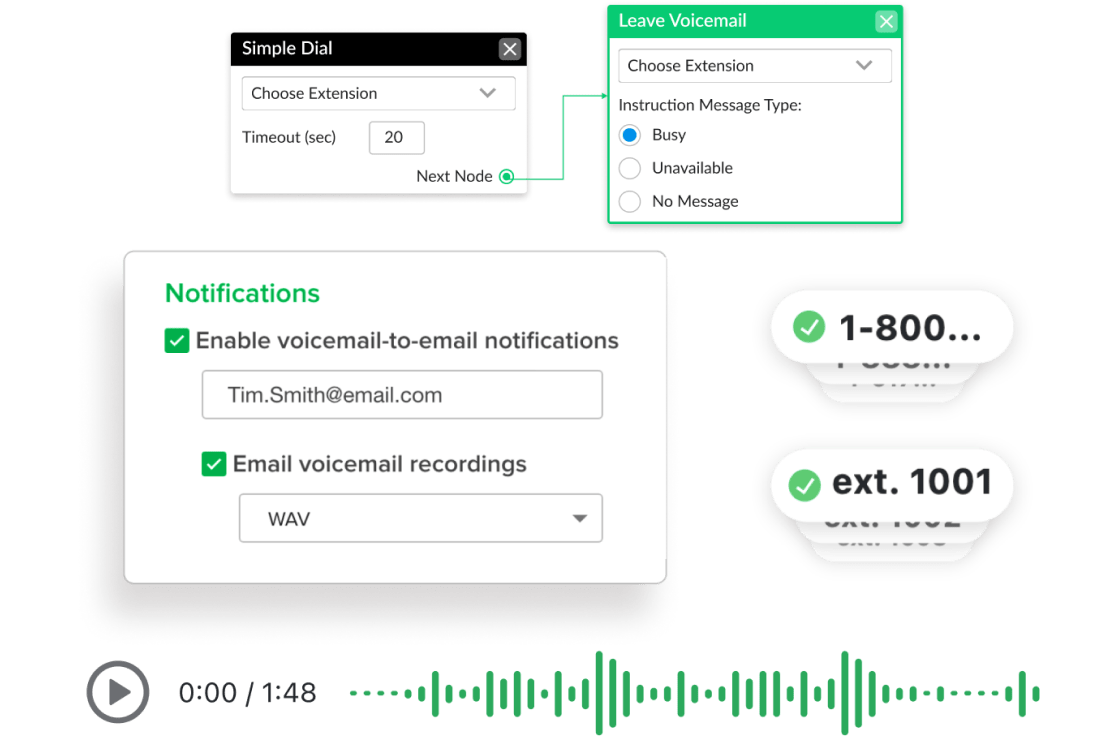 Capturas de pantalla de funciones de GoTo Connect, como la configuración de notificaciones, la marcación simple y la configuración del correo de voz.