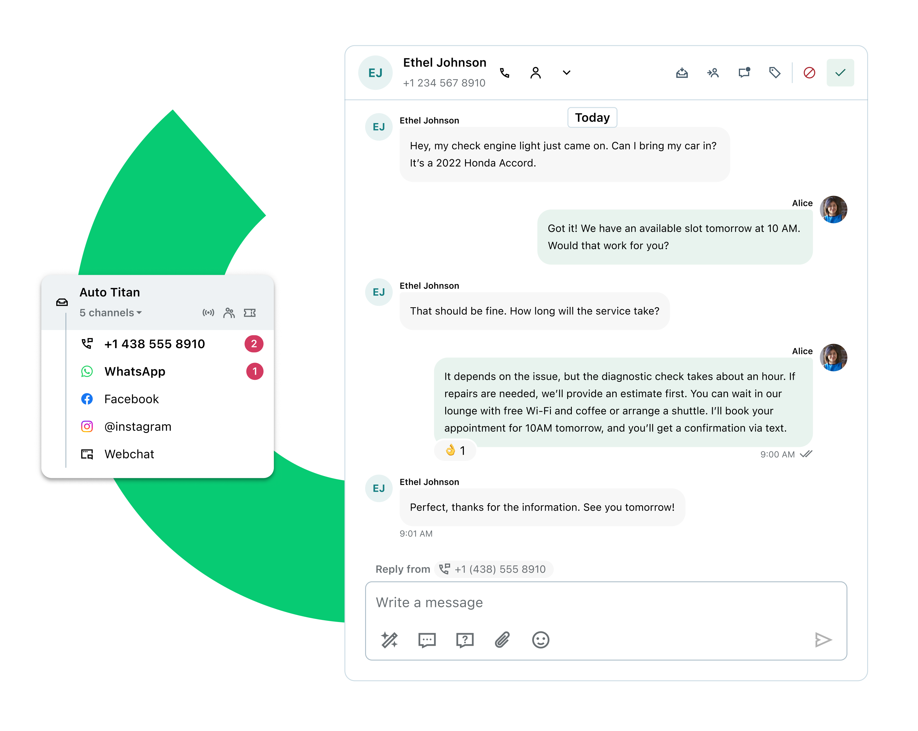 Interfaz de chat que muestra una conversación entre un agente y un cliente, integrada con múltiples canales de comunicación, como WhatsApp, redes sociales, SMS y chat web.