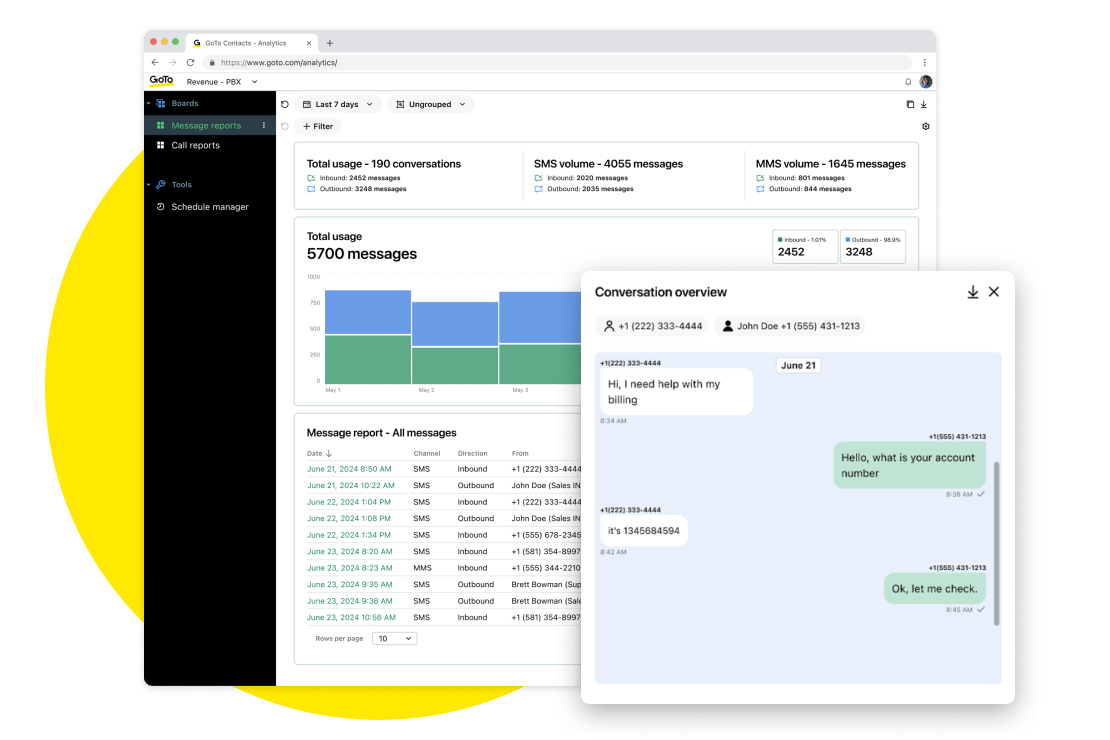 Una captura de pantalla de los informes de mensajes de GoTo Connect con una ventana emergente de descripción general de la conversación, que ofrece sincronización de datos en tiempo real para obtener información instantánea sobre los clientes.
