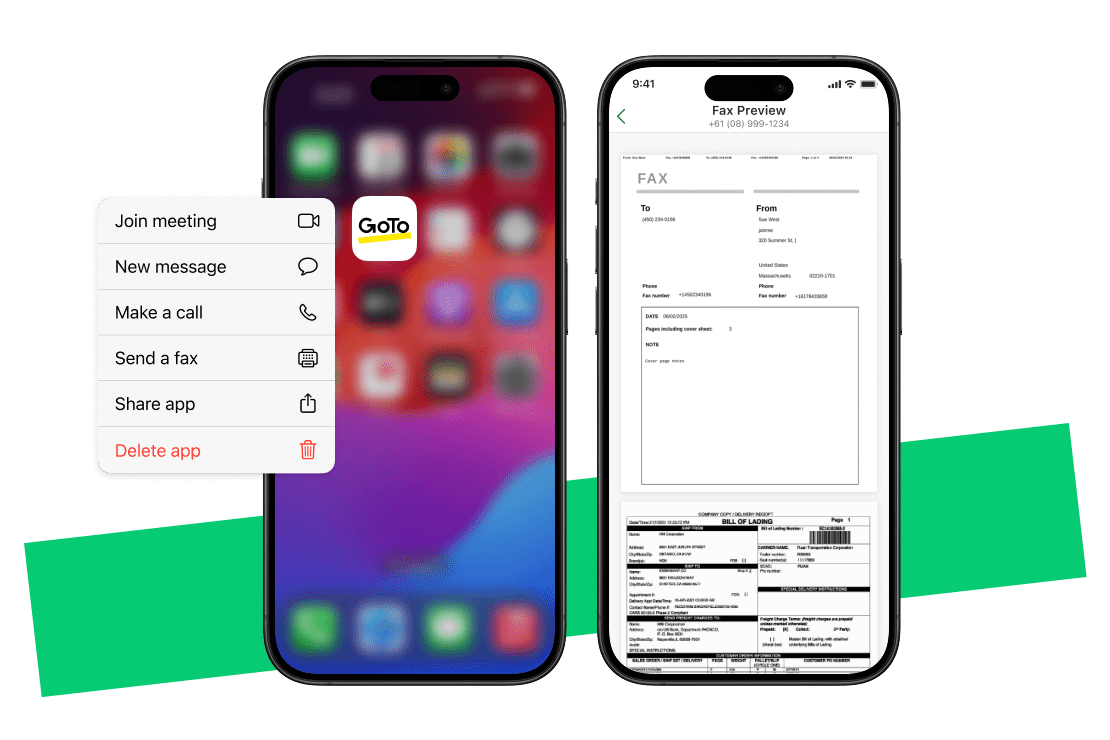 2 dispositivos móviles que muestran la aplicación de telefonía en la nube de GoTo Connect, que da soporte a operaciones, fax virtual y que permite cerrar ventas en cualquier lugar mediante servicios de voz y vídeo.
