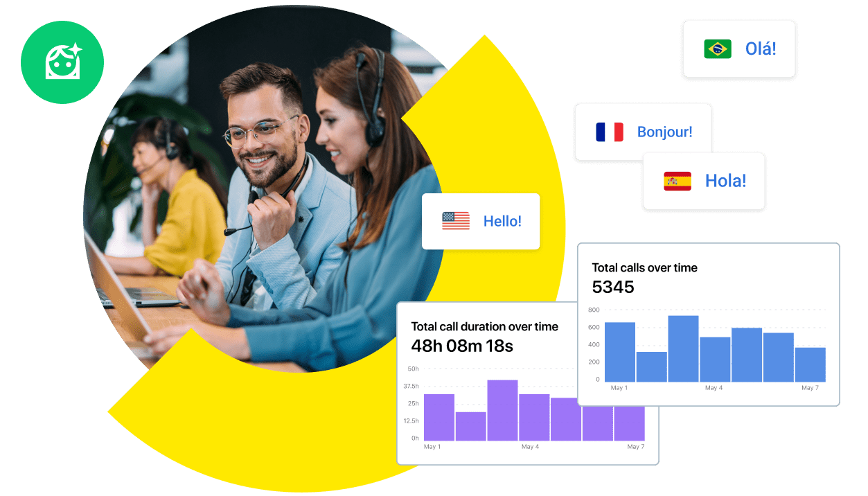 Agents working in a professional setting, with AI Receptionist features such as multilingual support, call duration analytics, and total call metrics, showcasing better customer service, efficiency, and unified communication.