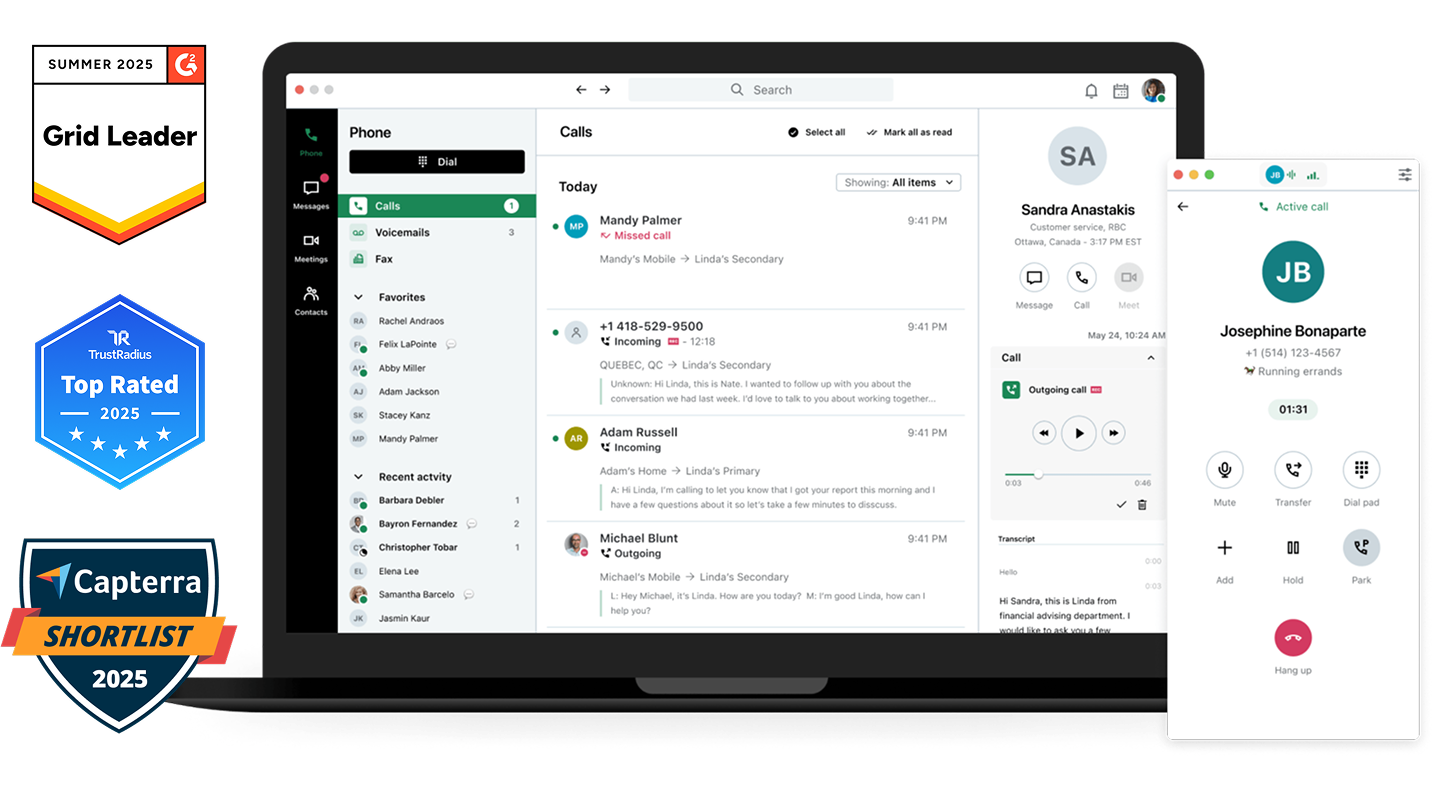 Image of the GoTo Connect’s contact center  dashboard, featuring Badges for G2 Leader Fall 2023, TrustRadius Best Value of Price of 2023, and Capterra Shortlist 2023