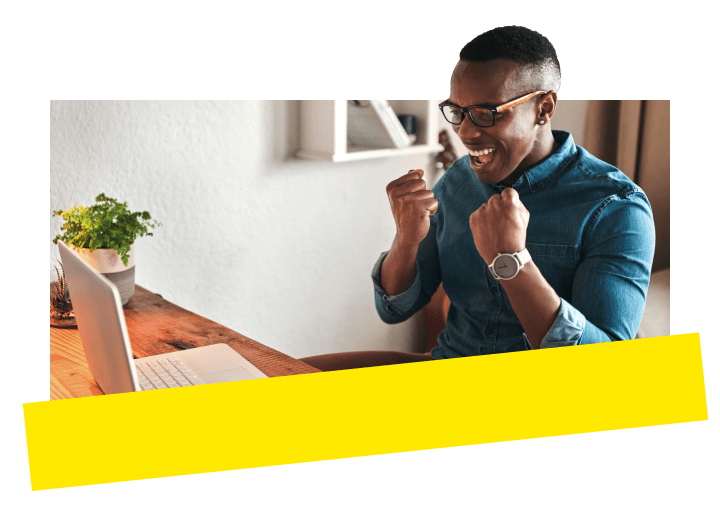 Professional showing excitement after quickly and easily installing GoTo Connect's business phone.