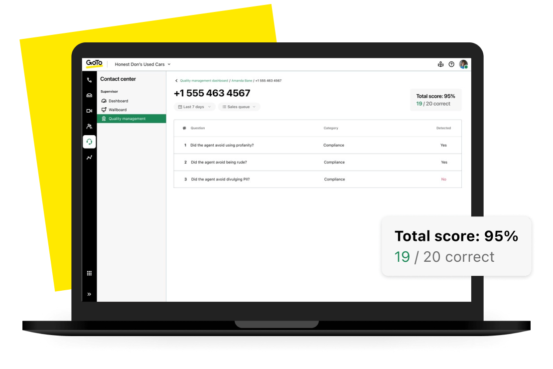 El panel de control de gestión de la calidad de la IA de GoTo Contact Center utiliza la garantía de calidad basada en datos para evaluar de forma justa a los agentes, creando un entorno de trabajo de confianza y apoyo.