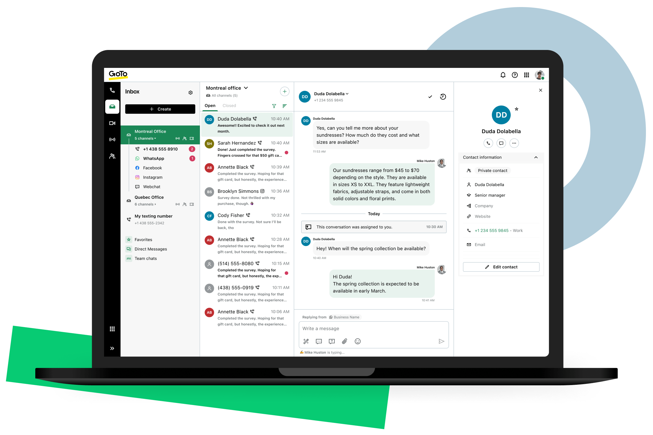 Scherm met daarop een gedeelde inbox in GoTo Connect Customer Engagement met klantgesprekken vanuit WhatsApp, social media, sms en webchat voor gepersonaliseerde reacties en teamsamenwerking.