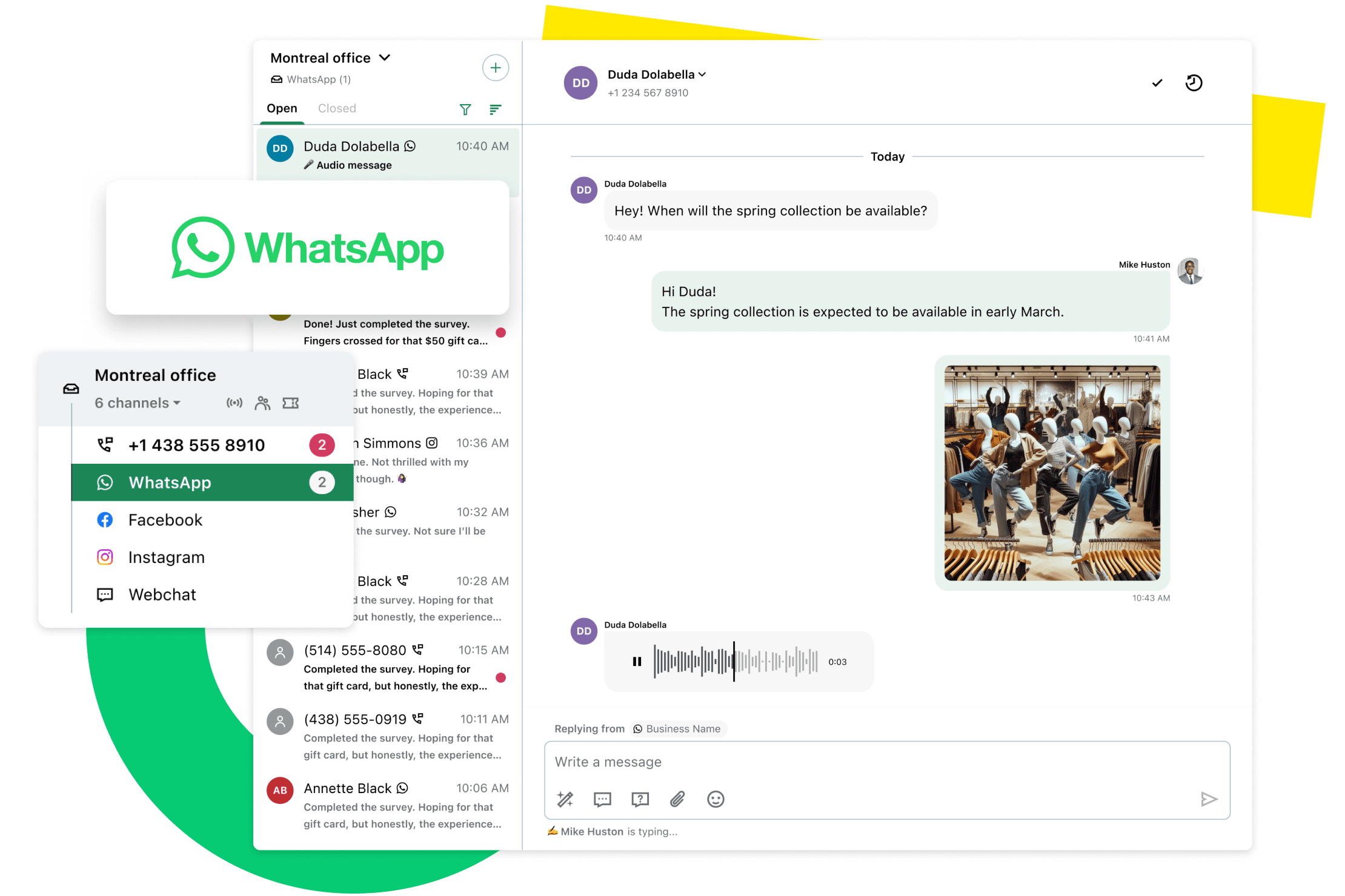 Scherm met de WhatsApp-inbox van GoTo Connect Customer Engagement met een realtime en gepersonaliseerd gesprek met een klant.