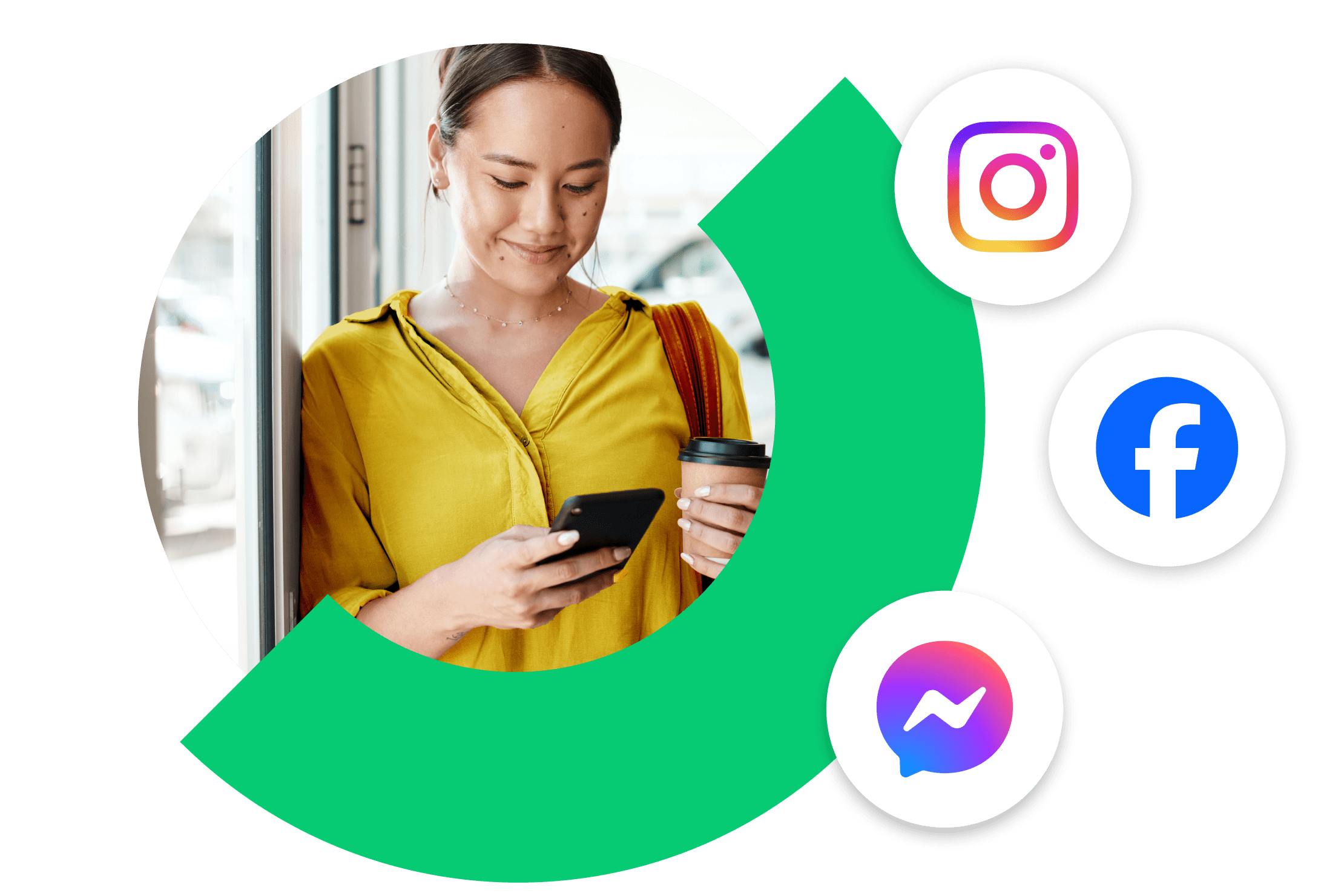 Een jonge professional gebruikt onderweg een mobiel apparaat voor toegang tot platforms voor sociale media, waaronder Instagram, Facebook en Facebook Messenger.