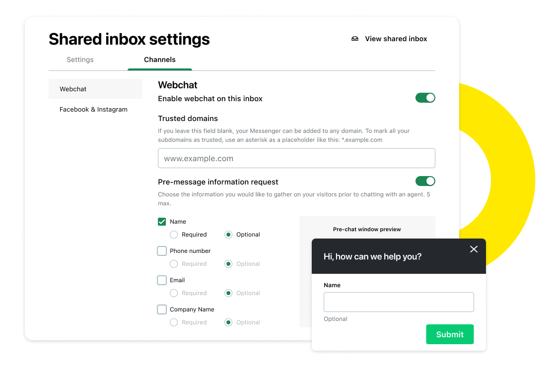 Scherm van GoTo Connect Customer Engagement met de instellingen voor de gepersonaliseerde webchat.