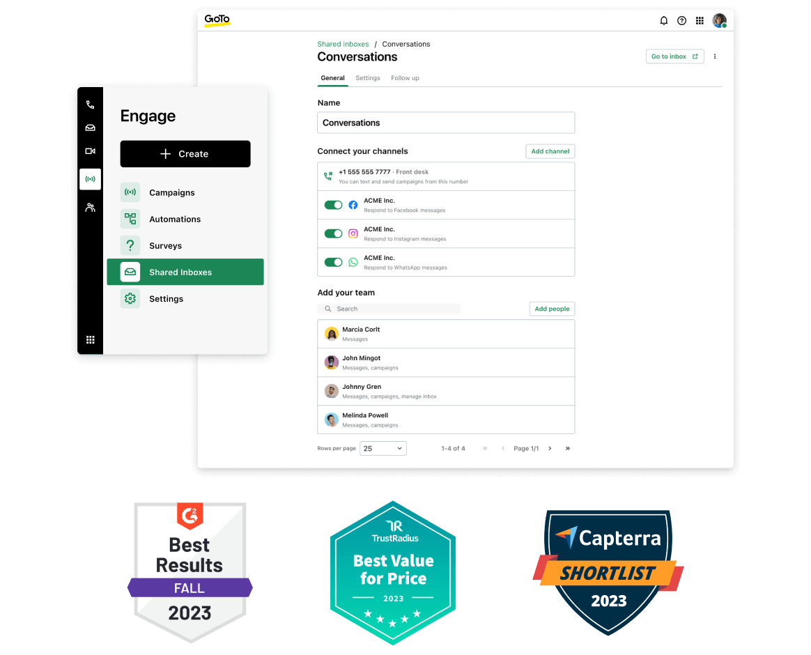 Award winning GoTo Connect's Shared Inboxes feature, displayed on the Conversations page, showcases options to connect channels like SMS and social media, and add team members.