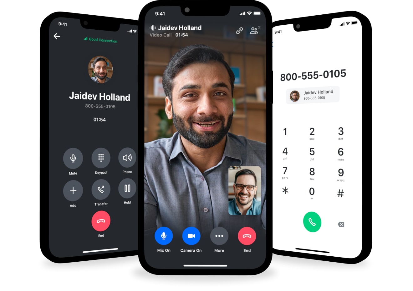 Three mobile phones showing different screens of video call.