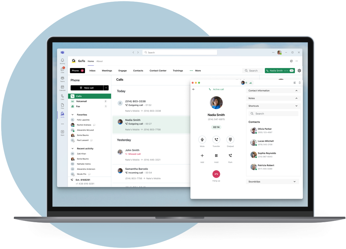 Pantallas que muestran GoTo Connect integrado en la aplicación de Microsoft Teams con gestión de llamadas.
