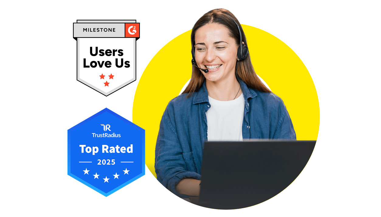 Woman with a headset showing GoTo's support awards.