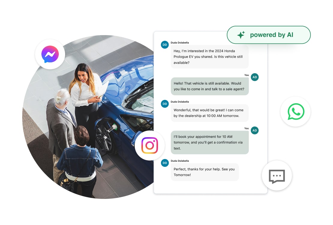 GoTo Connect's all-in-one platform designed for automotive communications, offering agent and client conversation integrated with multiple communication channels, including WhatsApp, social, SMS, and web chat.