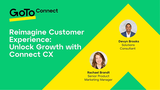 White text on green background that reads Reimagine Customer Experience: Unlock Growth with Connect CX, with two circular thumbnails of the webinar moderators.