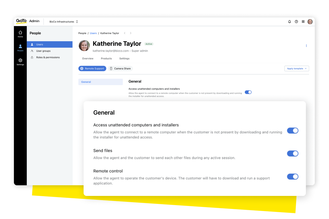 GoTo Admin simplifica el proceso de configuración porque personaliza el nivel de permisos de los agentes y gestiona la configuración del usuario.