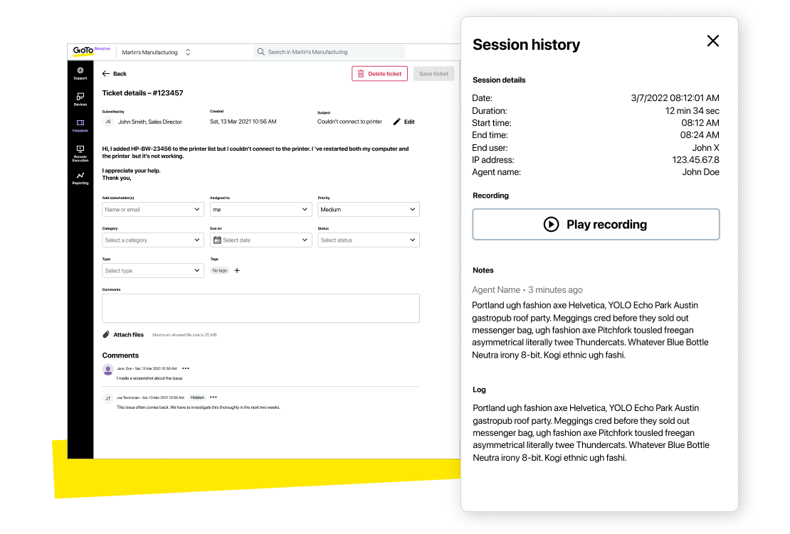 GoTo Resolve ticketing history graphic showing agent session notes.