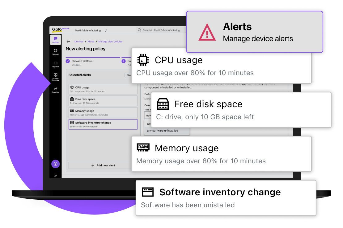 GoTo Resolve’s RMM software interface where you can manage alert policies including CPU usage, free disk space, memory usage, and software inventory changes.