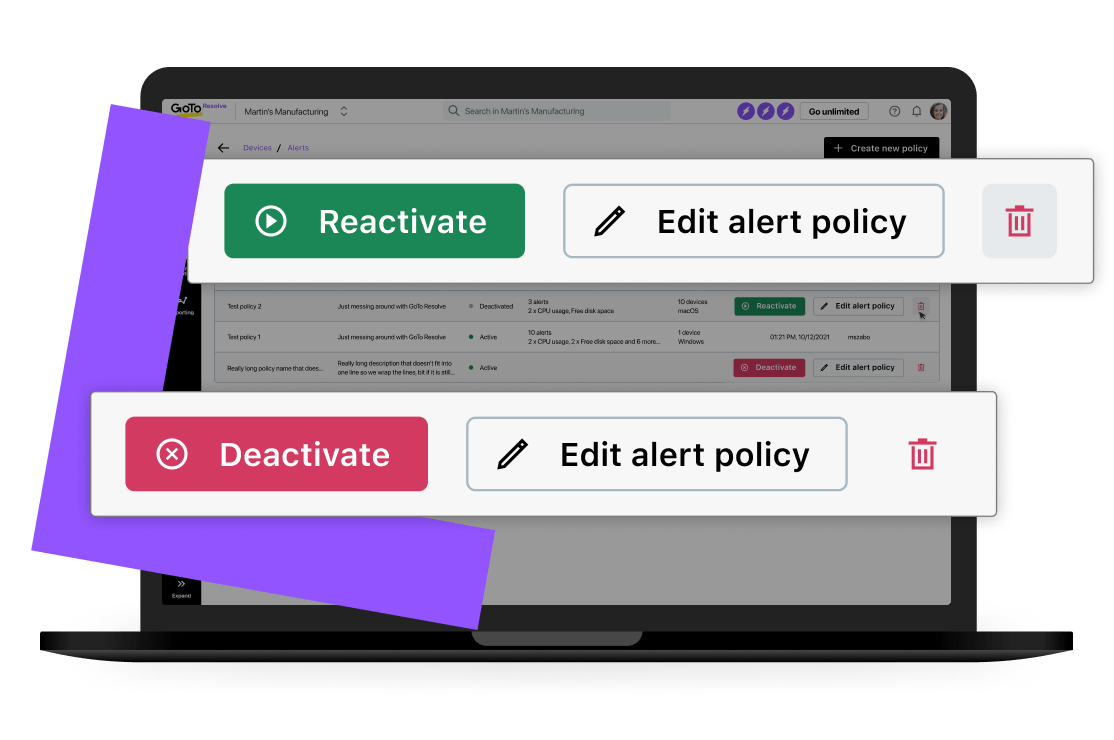La configuración de notificaciones de las alertas de TI de GoTo Resolve le permite desactivar o reactivar la política de alertas establecida con un solo clic.