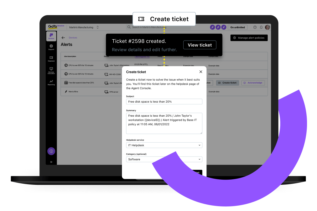 Cree un ticket de TI directamente desde la notificación de una alerta con el software de RMM de GoTo Resolve.