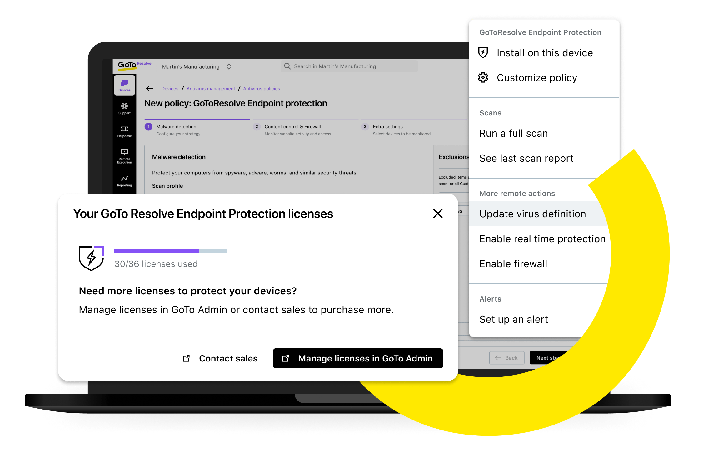 Vista de pantalla del panel de control de la protección de terminales de GoTo Resolve, con la configuración y ventana de gestión de licencia.