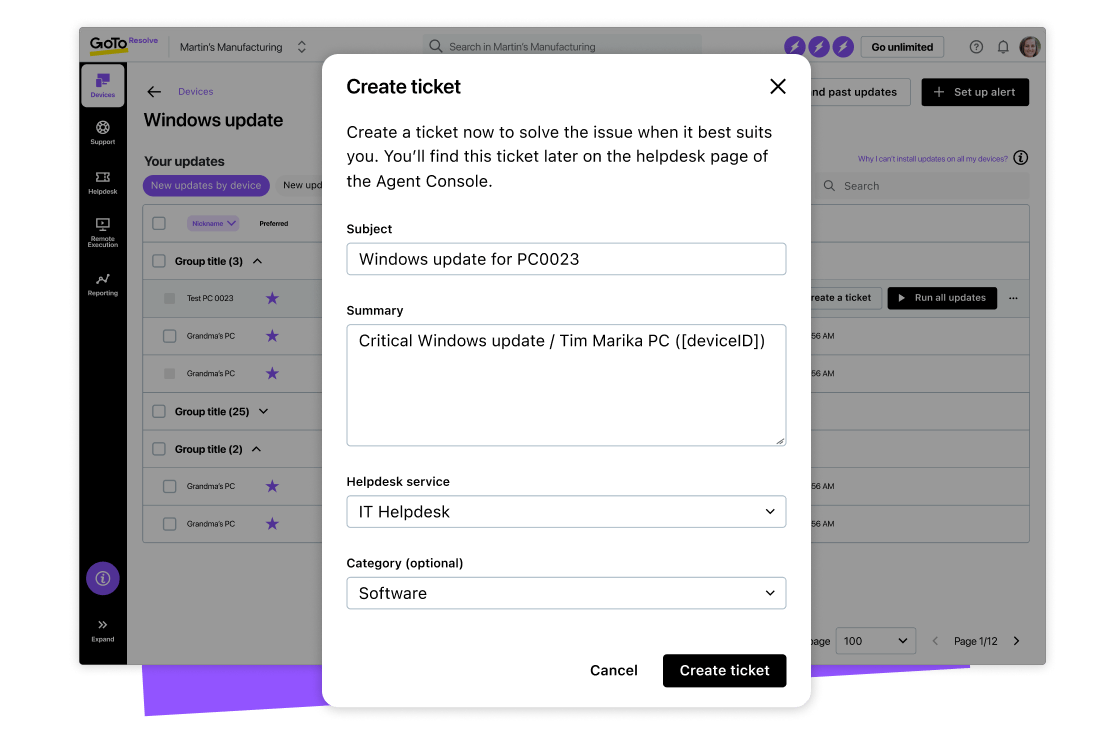 La función de creación de tickets de GoTo Resolve con una nota para implementar un parche en un dispositivo de forma remota.