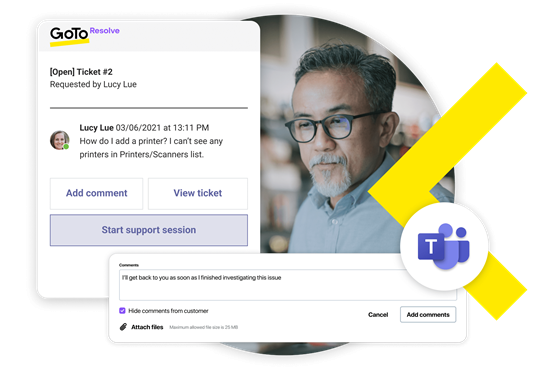 Interfaz de GoTo Resolve que muestra un ticket de soporte abierto, acompañado del logotipo de Microsoft Teams para demostrar la interacción entre GoTo Resolve y las herramientas de mensajería populares.