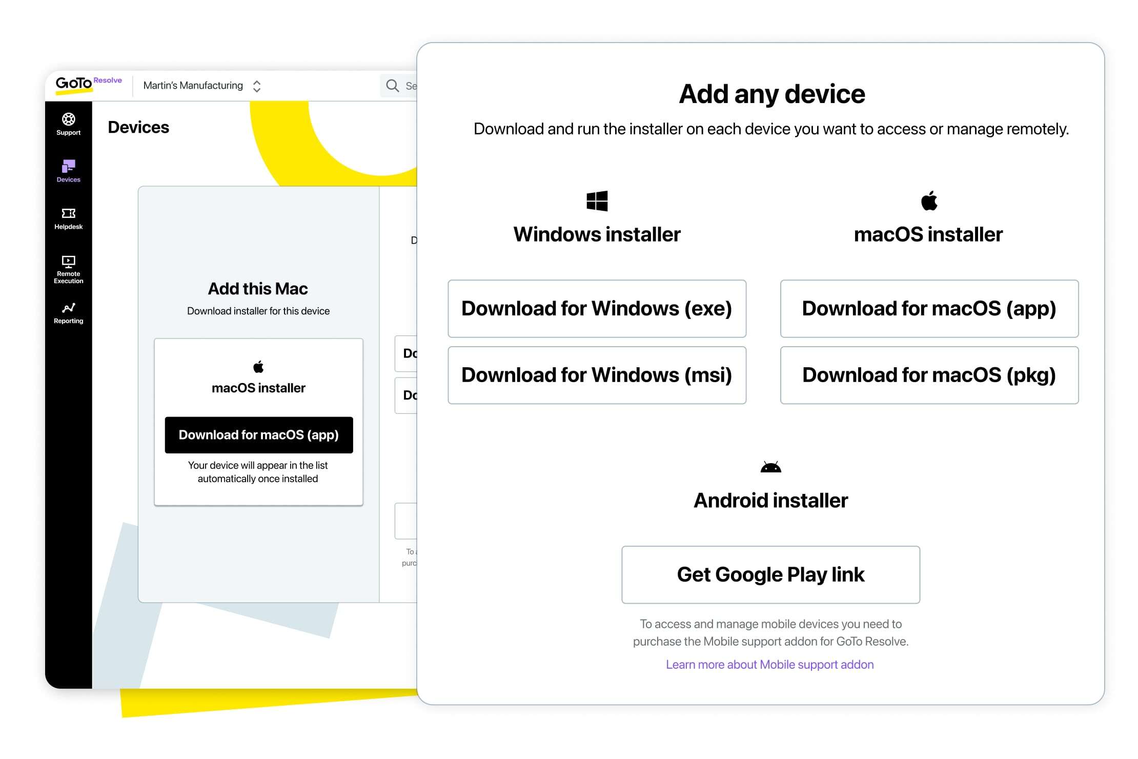 Instale dispositivos de manera independiente o general en todo su entorno. Marque o agrupe los dispositivos para un acceso más fácil. Esta opción funciona con los dispositivos Windows, Mac y (en breve) Android.
