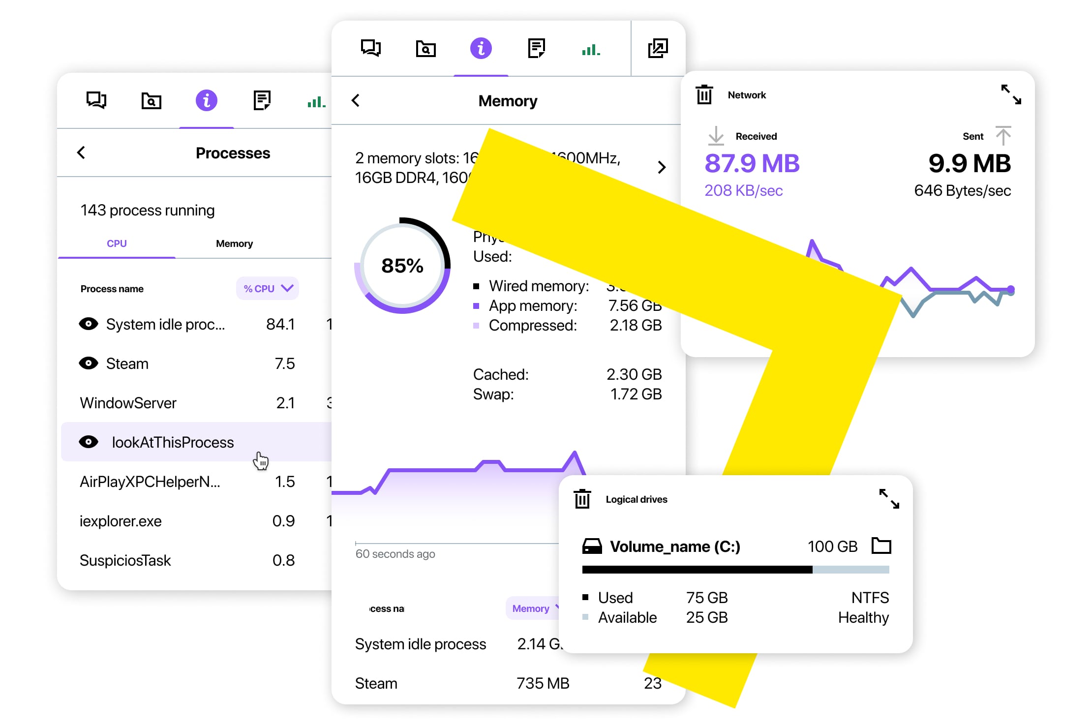 Cuando necesita información del sistema, la vista rápida del dispositivo de GoTo Resolve le ofrece una ventana interna con los diagnósticos del host mediante un acceso en segundo plano en lugar de una sesión remota.