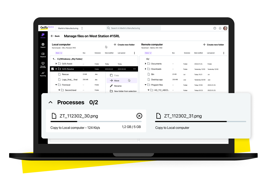 Con nuestras múltiples funciones de gestión en segundo plano, el gestor de archivos en segundo plano permite a los agentes navegar, mover y copiar archivos y carpetas en un dispositivo, sin iniciar una sesión remota.