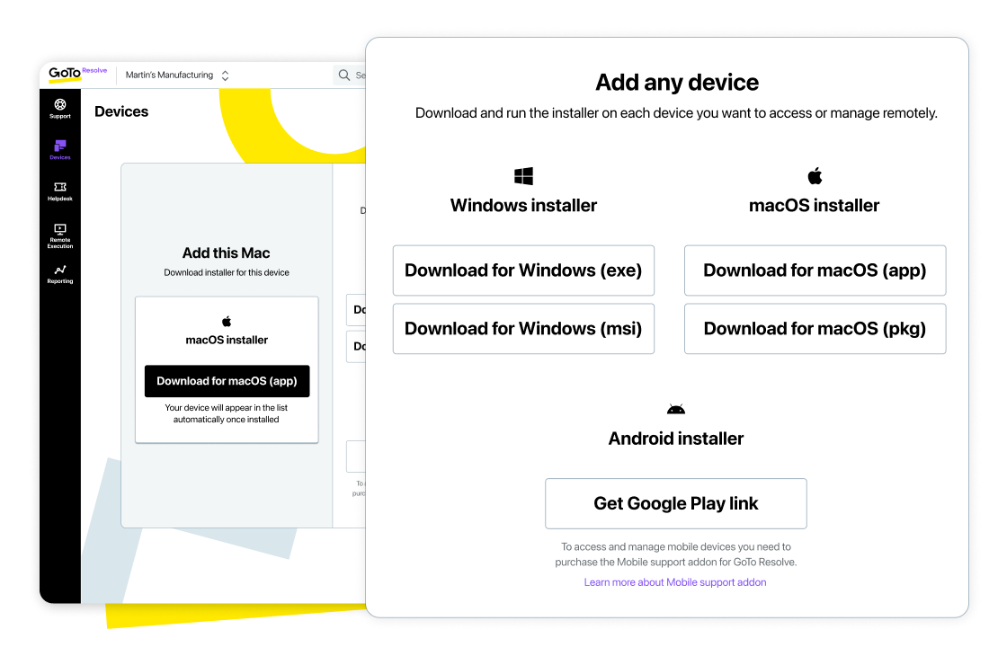 Pantalla que muestra las opciones de asistencia remota multiplataforma de GoTo Resolve.