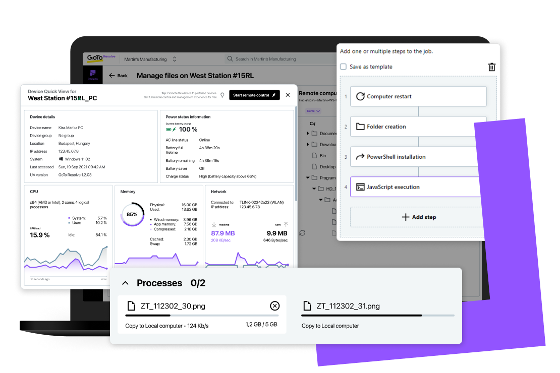 Vista de pantalla del rendimiento de la CPU, la memoria, los procesos, los eventos y más con el software RMM gratuito de GoTo Resolve.