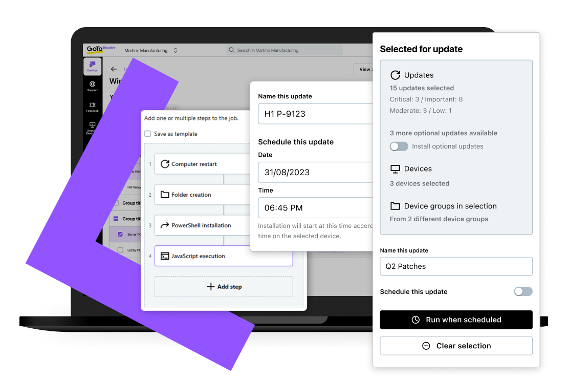 Écran montrant les fonctionnalités premium pour cinq appareils pro avec le logiciel gratuit de gestion et de surveillance à distance de GoTo Resolve.