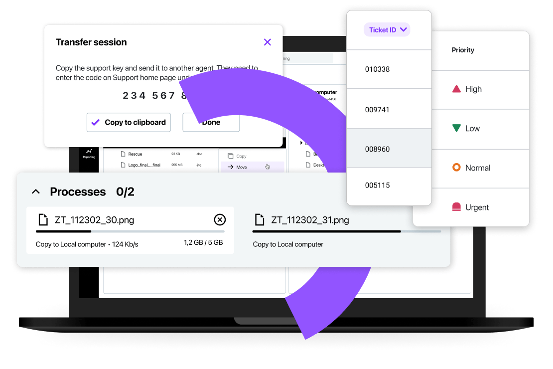 Software de RMM con acceso en segundo plano, automatización de TI, avisos proactivos, colaboración entre agentes y gestión de múltiples sesiones.