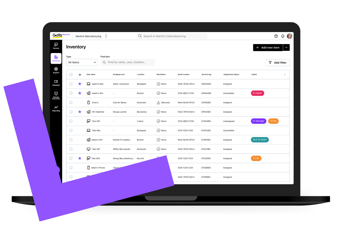 Ejemplos de opciones de auditoría de dispositivo con GoTo Resolve.