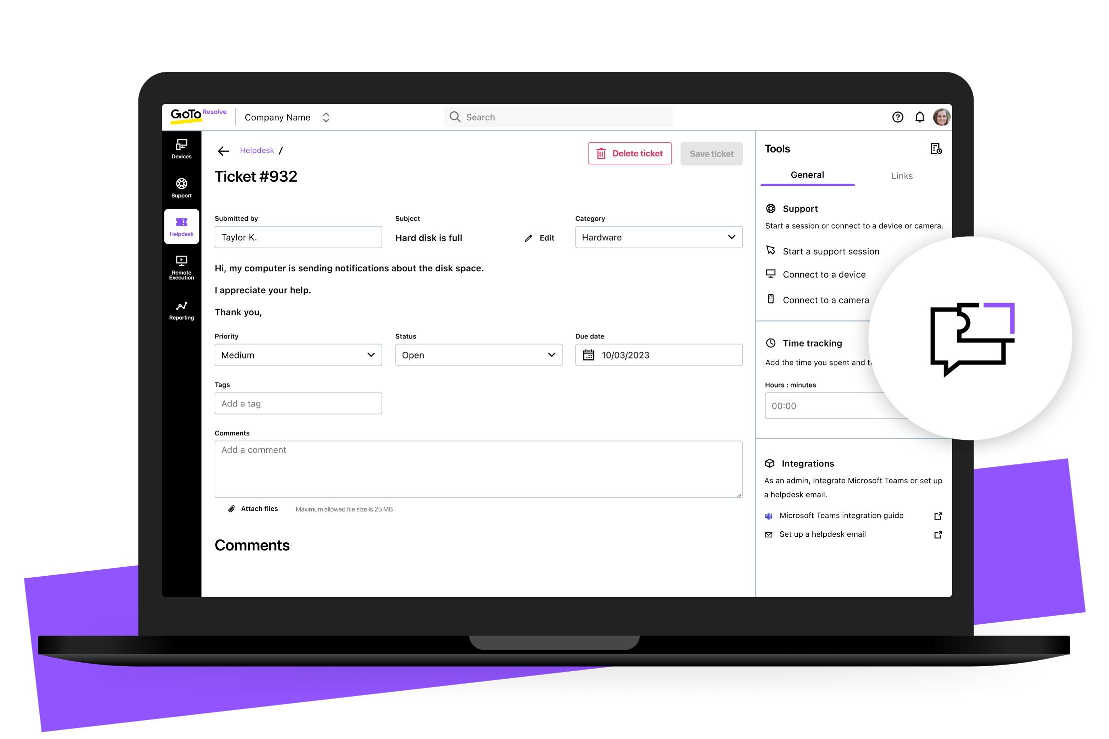 Screen showing different help desk settings and ticket categories.