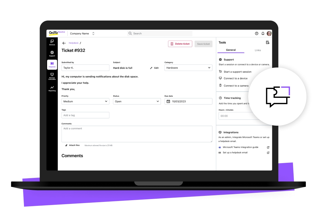 Pantalla que muestra un repertorio de ajustes del servicio de soporte y categorías de tickets.
