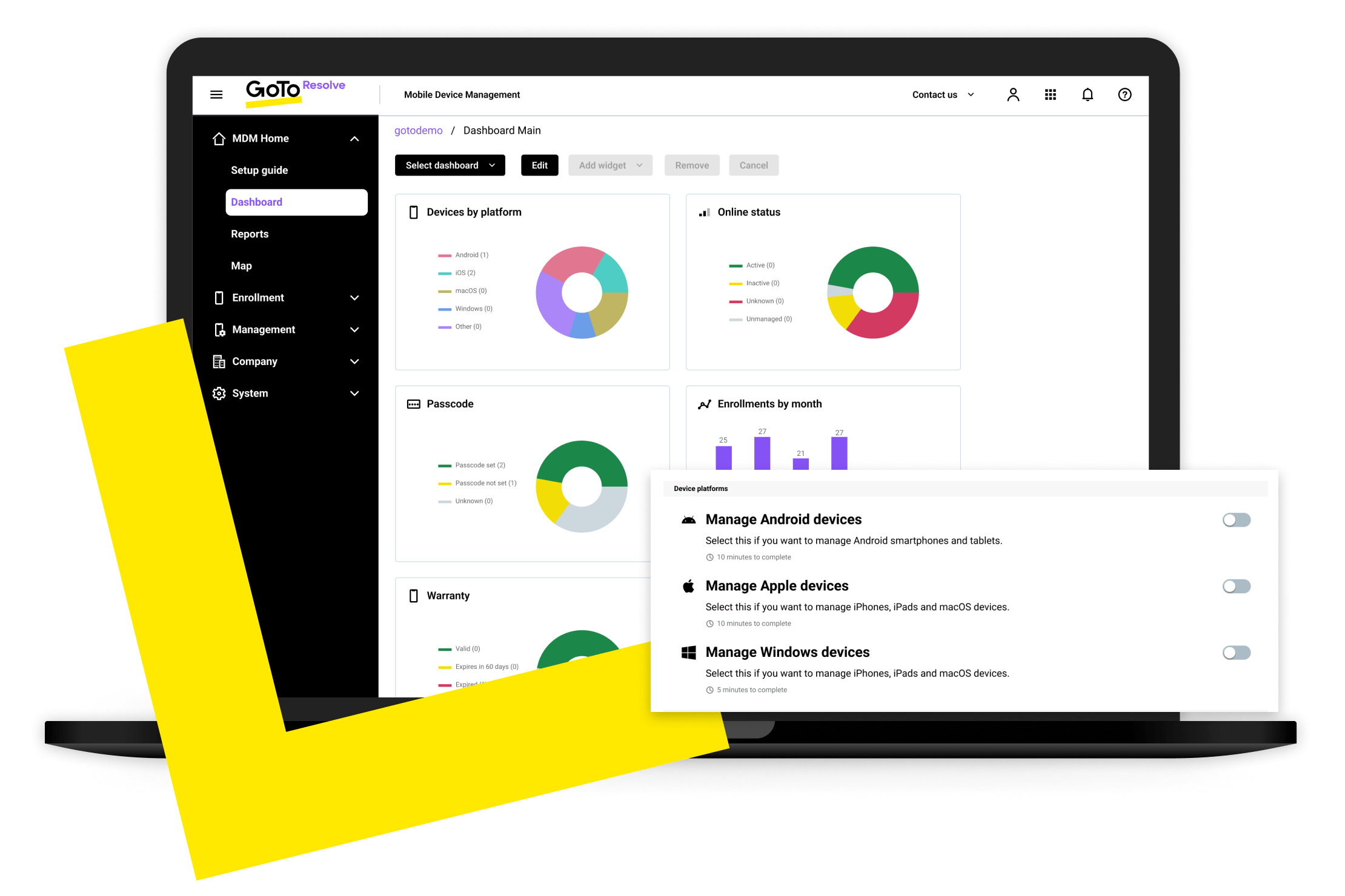 Interfaz de escritorio del panel de control de Resolve MDM y opciones de dispositivo.