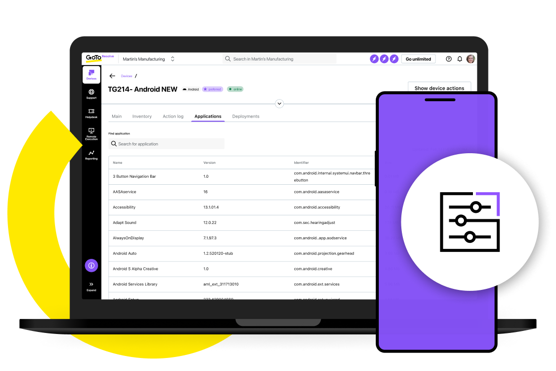 Vista de las funciones de administraciones de aplicaciones en los dispositivos de GoTo Resolve.
