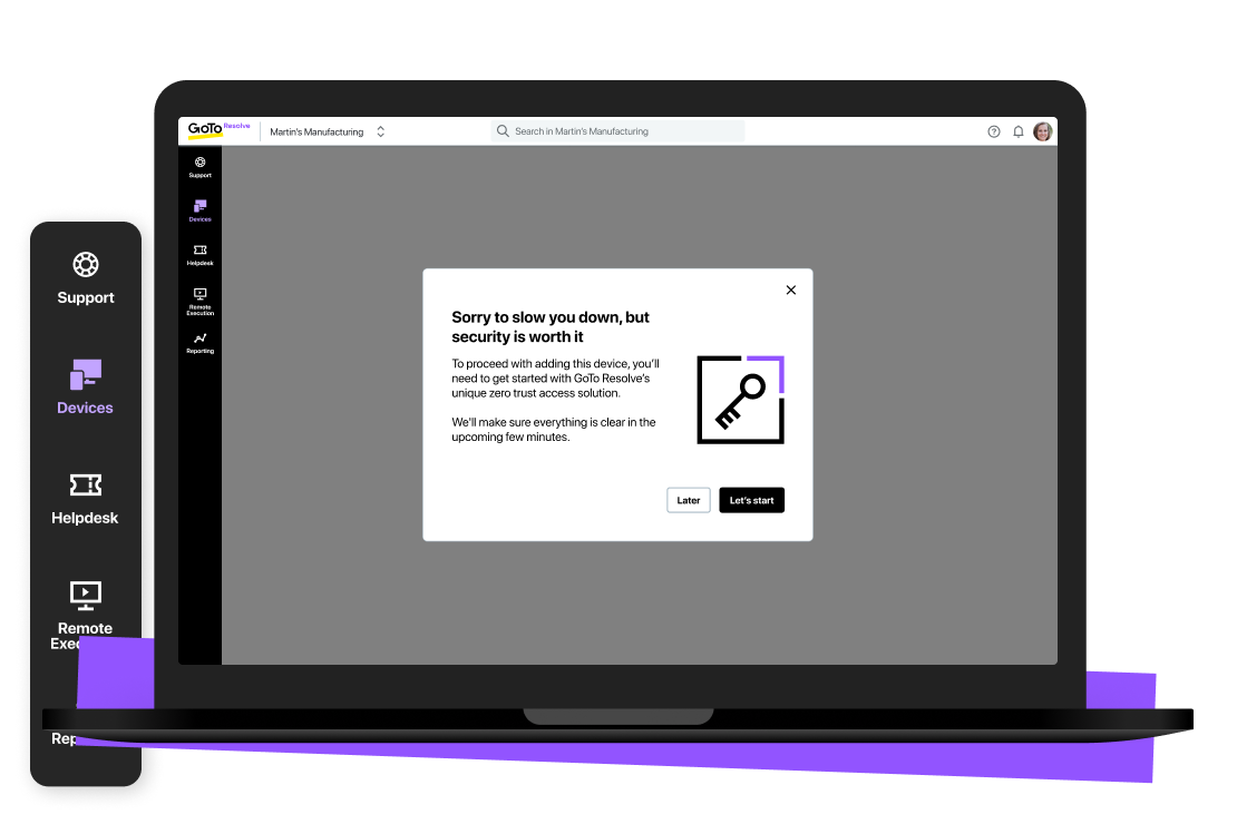 An agent’s view of a request for their secure access key in GoTo Resolve.
