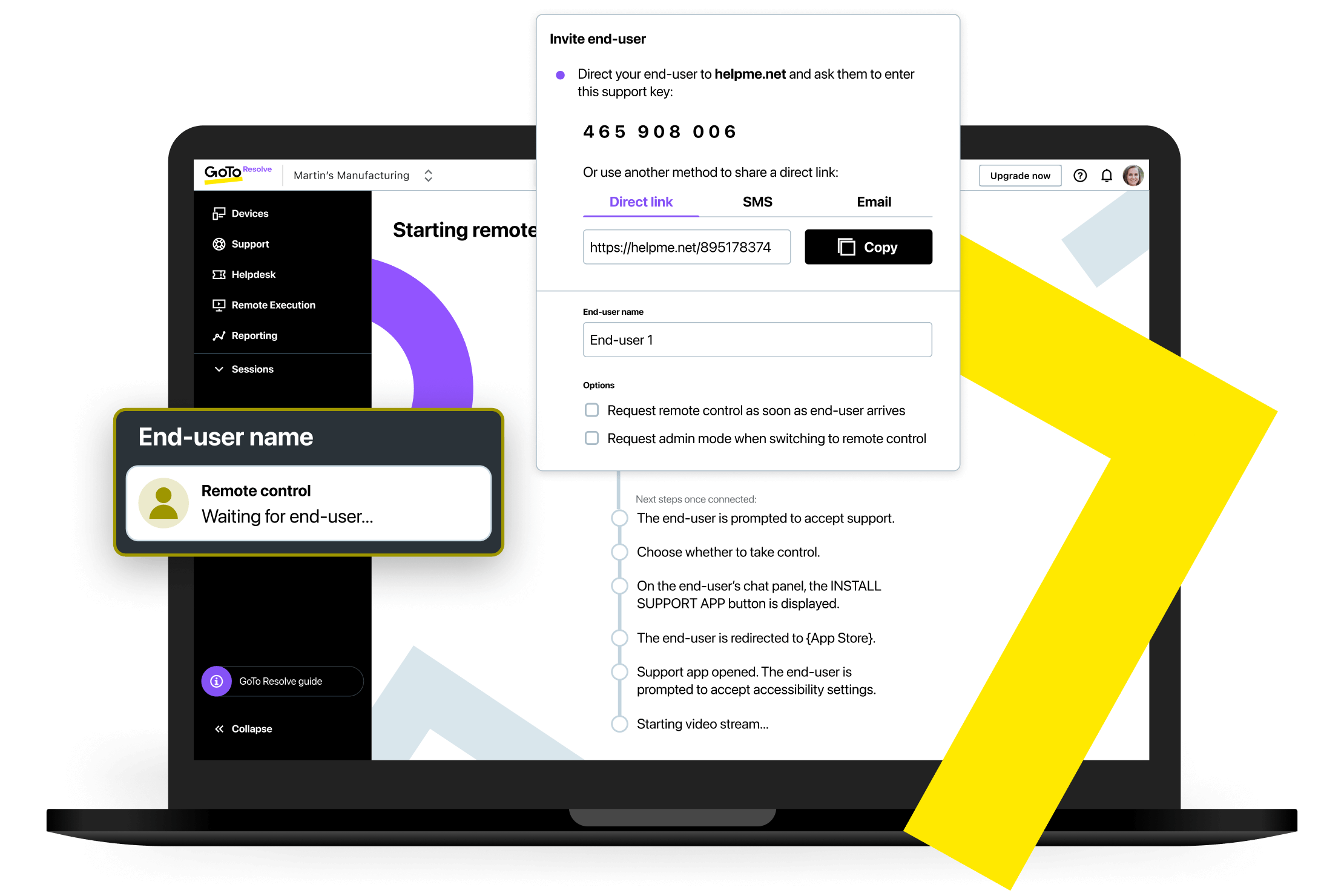 Interfaz de GoTo Resolve que muestra las opciones para invitar al cliente a introducir una clave de asistencia técnica, un enlace directo o una invitación por SMS para disfrutar de una asistencia remota ad hoc.