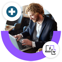 Profesional utilizando LogMeIn Rescue para prestar asistencia de forma remota a dispositivos y el icono del logotipo de Rescue.