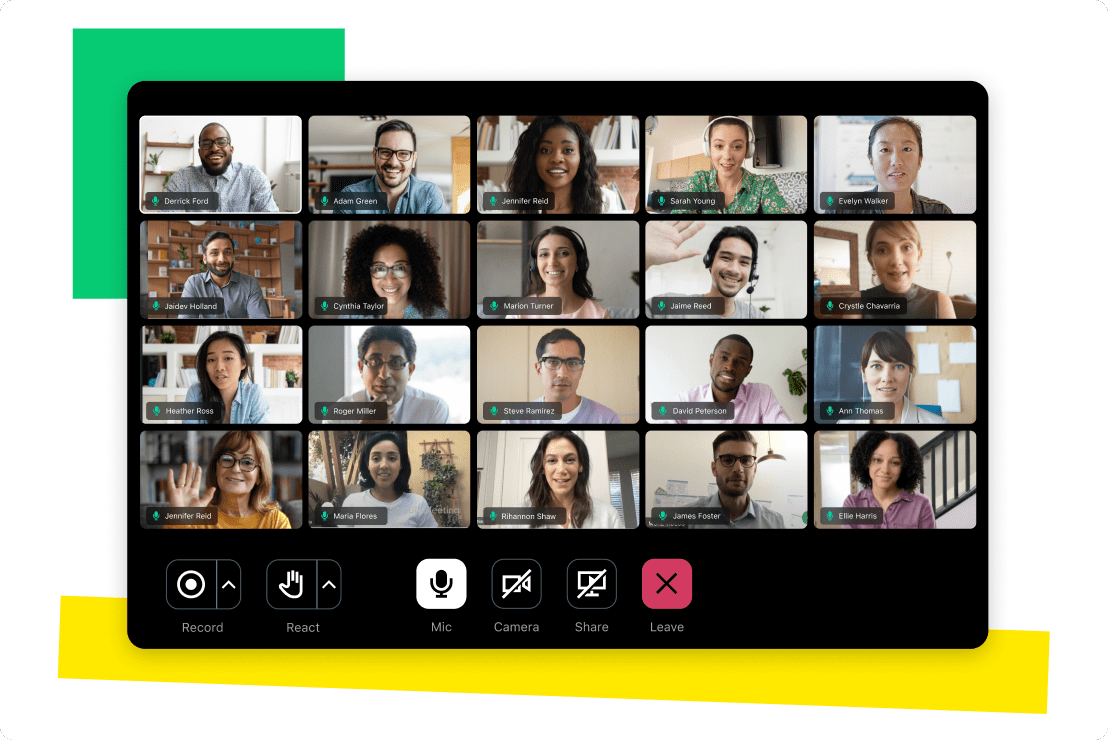 Interfaz que muestra 20 participantes usando GoTo Meetings con sus cámaras web activadas.
