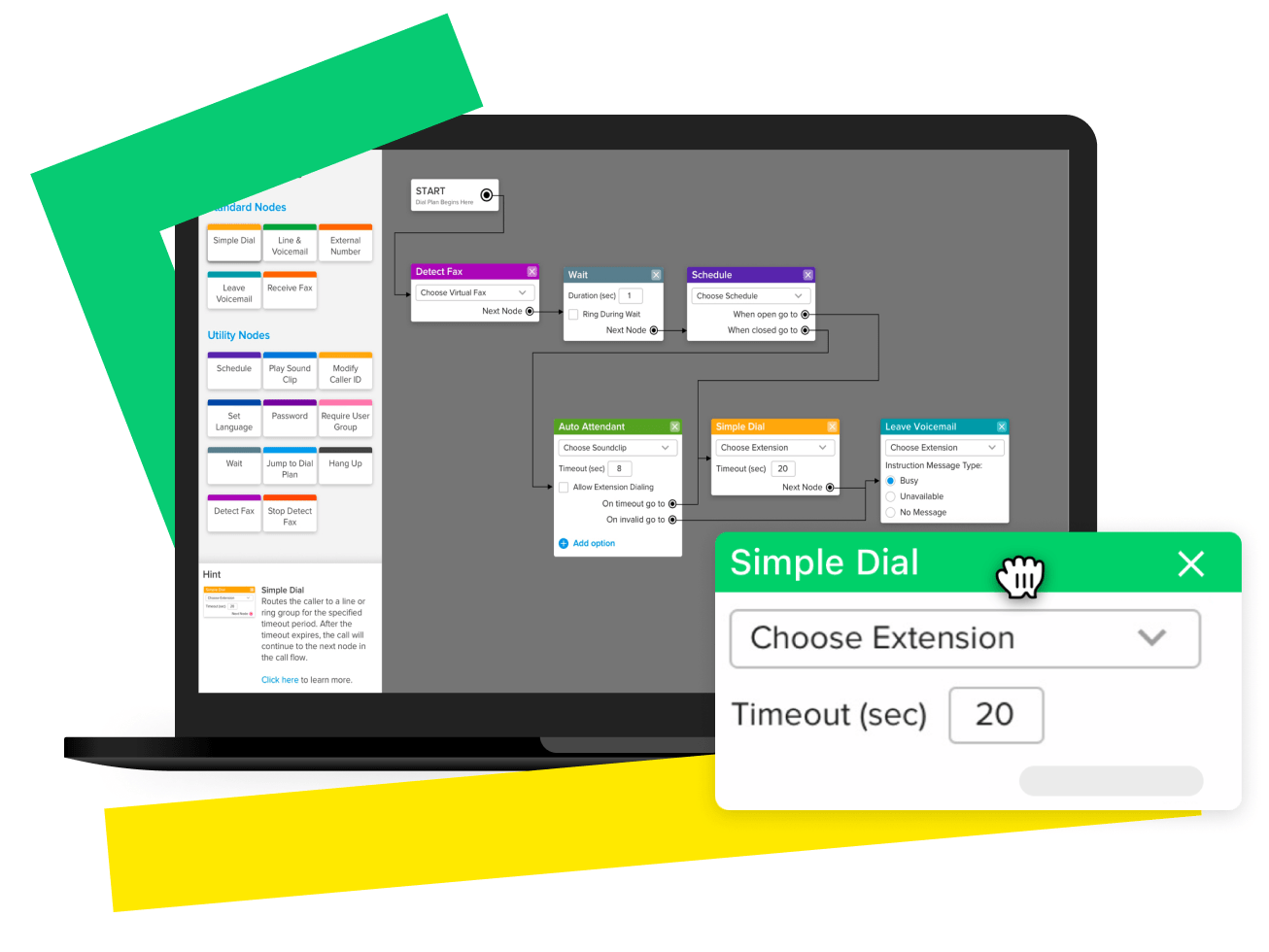 Screen showing the simple drag and drop dial plan editor with voicemail and extension options
