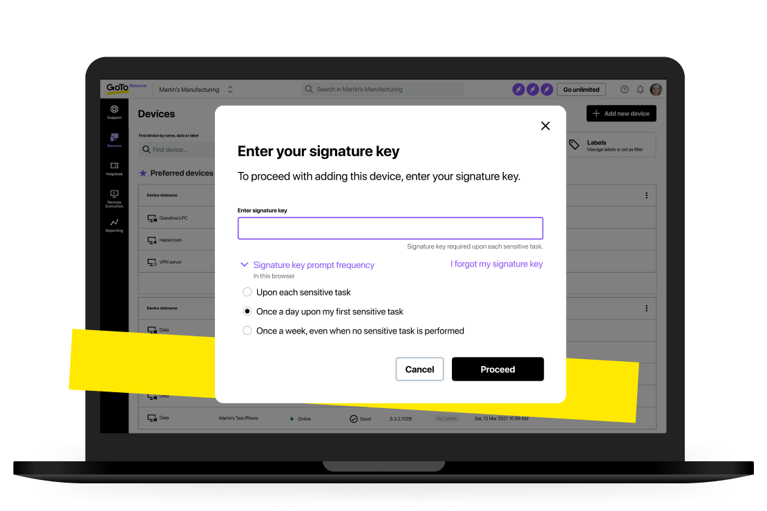 Security screen showing a key required to add devices.