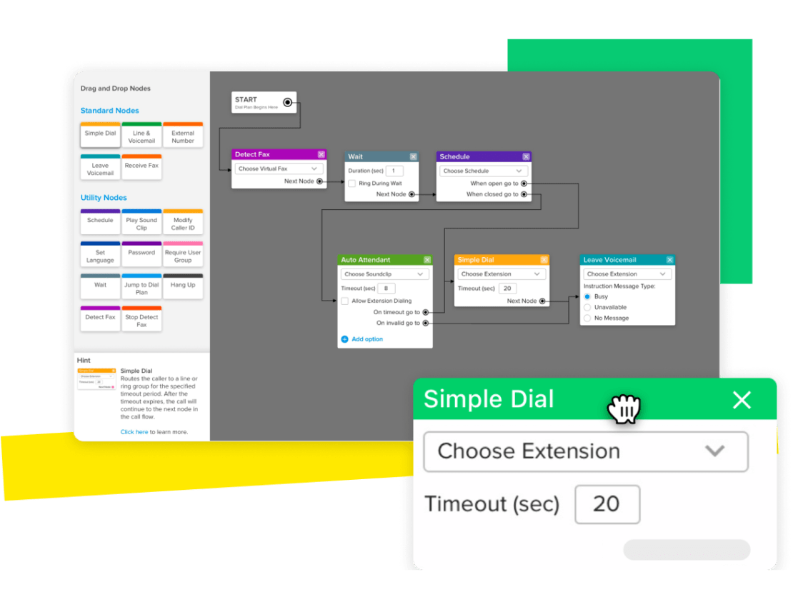 Collage que muestra la interfaz de arrastrar y soltar para el editor visual de planes de llamadas, incluidas las opciones de espera, buzón de voz, contestadores automáticos telefónicos, programación y marcación simple.