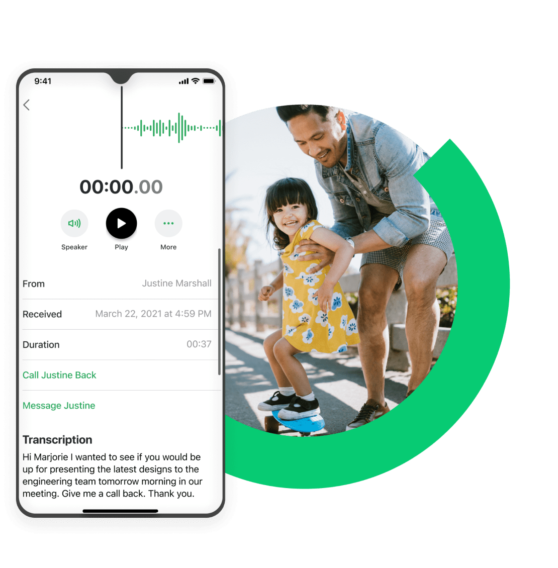 Collage of GoTo Connect voicemail inbox with audio transcription and father showing daughter how to skateboard.