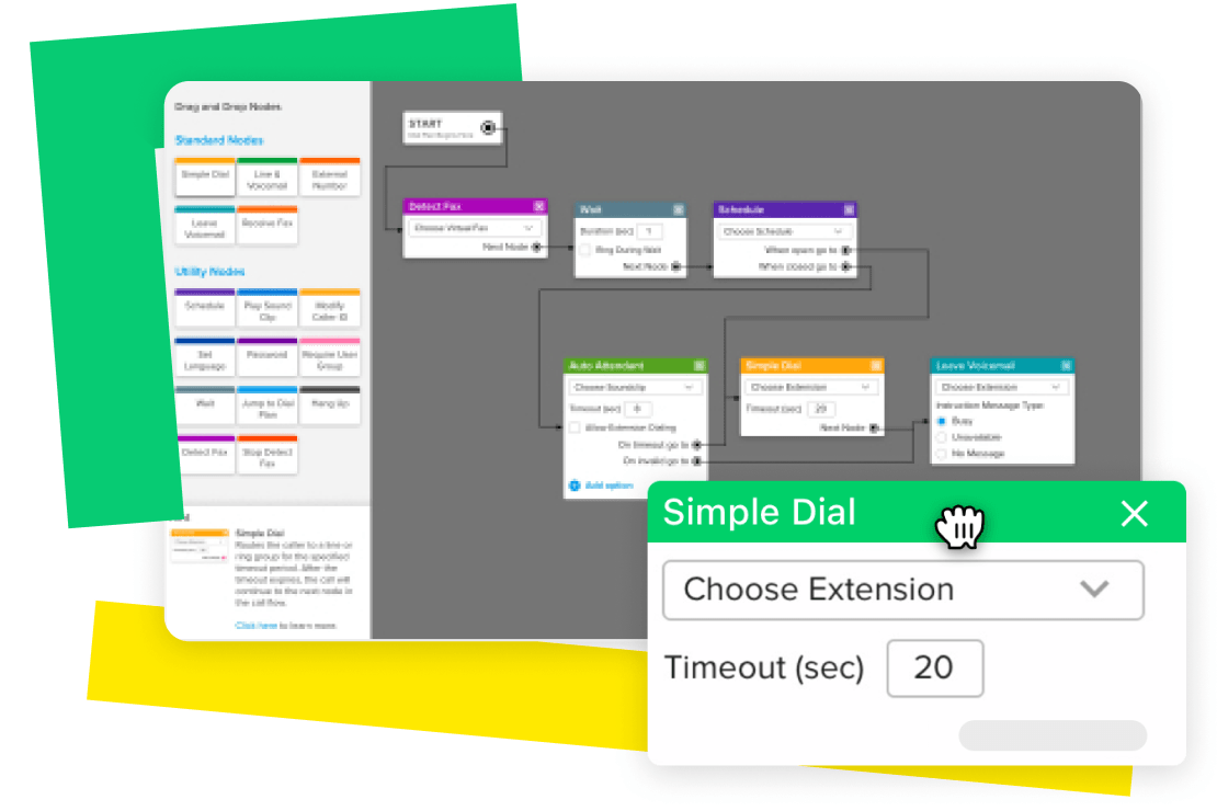 Pantallas que muestran el editor de planes de marcación para GoTo Connect, interfaz de usuario emergente de las funciones de elección de extensión y marcación simple.