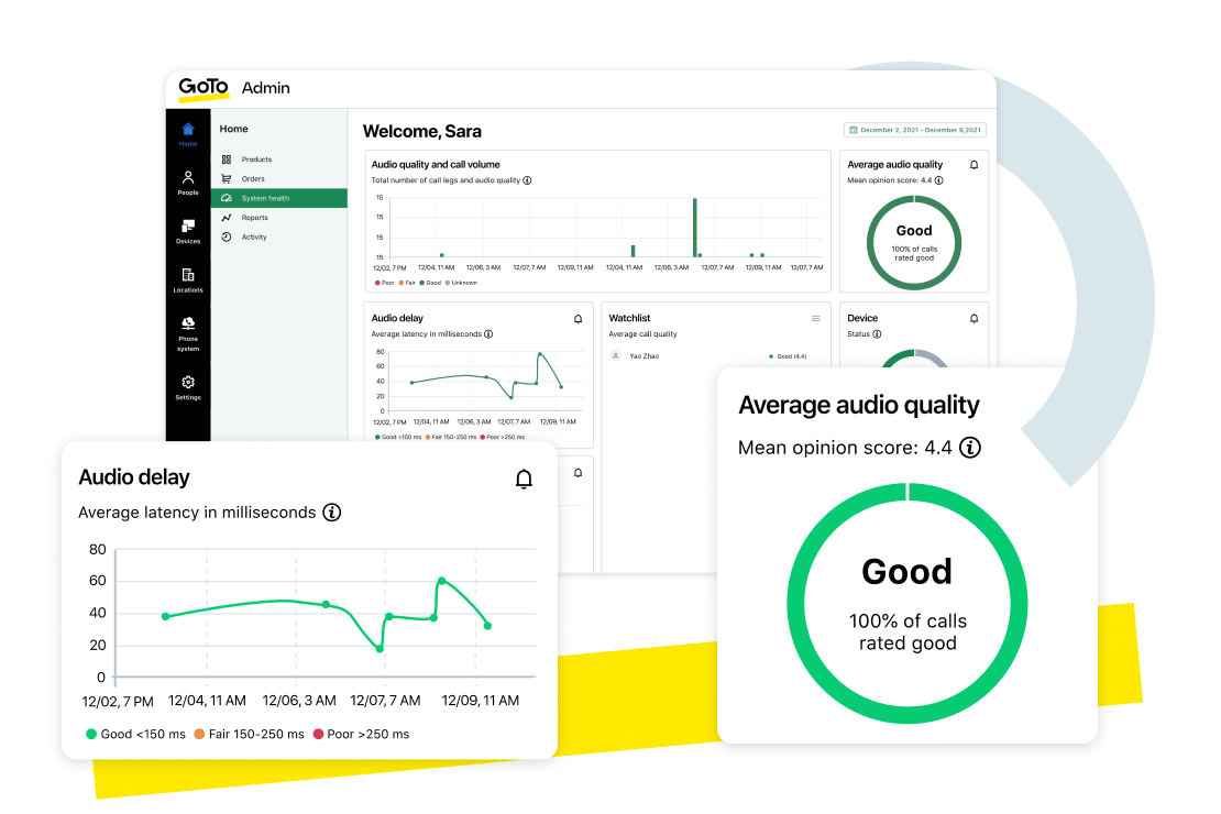 Schermate che mostrano il pannello di amministrazione per GoTo Connect, incluso il monitoraggio della qualità audio e dei ritardi audio.