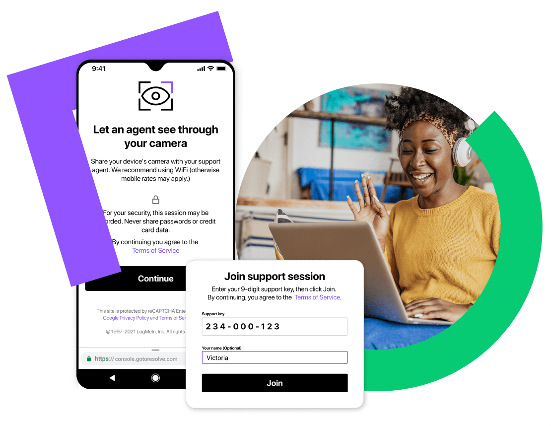 Collage che mostra dei partecipanti a una sessione di supporto tecnico su cellulare, con opzioni di sicurezza che danno all'agente del supporto l'accesso alla fotocamera del cellulare del cliente.