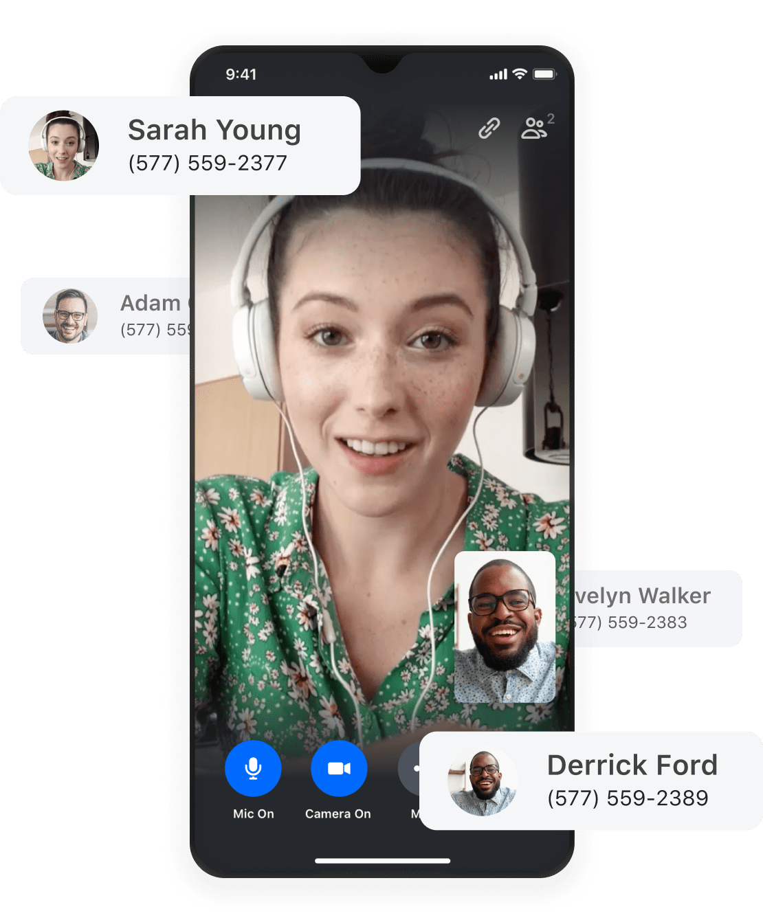 Una llamada de GoTo Connect recibida en el teléfono personal de un empleado en la que se muestran los números de teléfono personalizados de otros empleados.